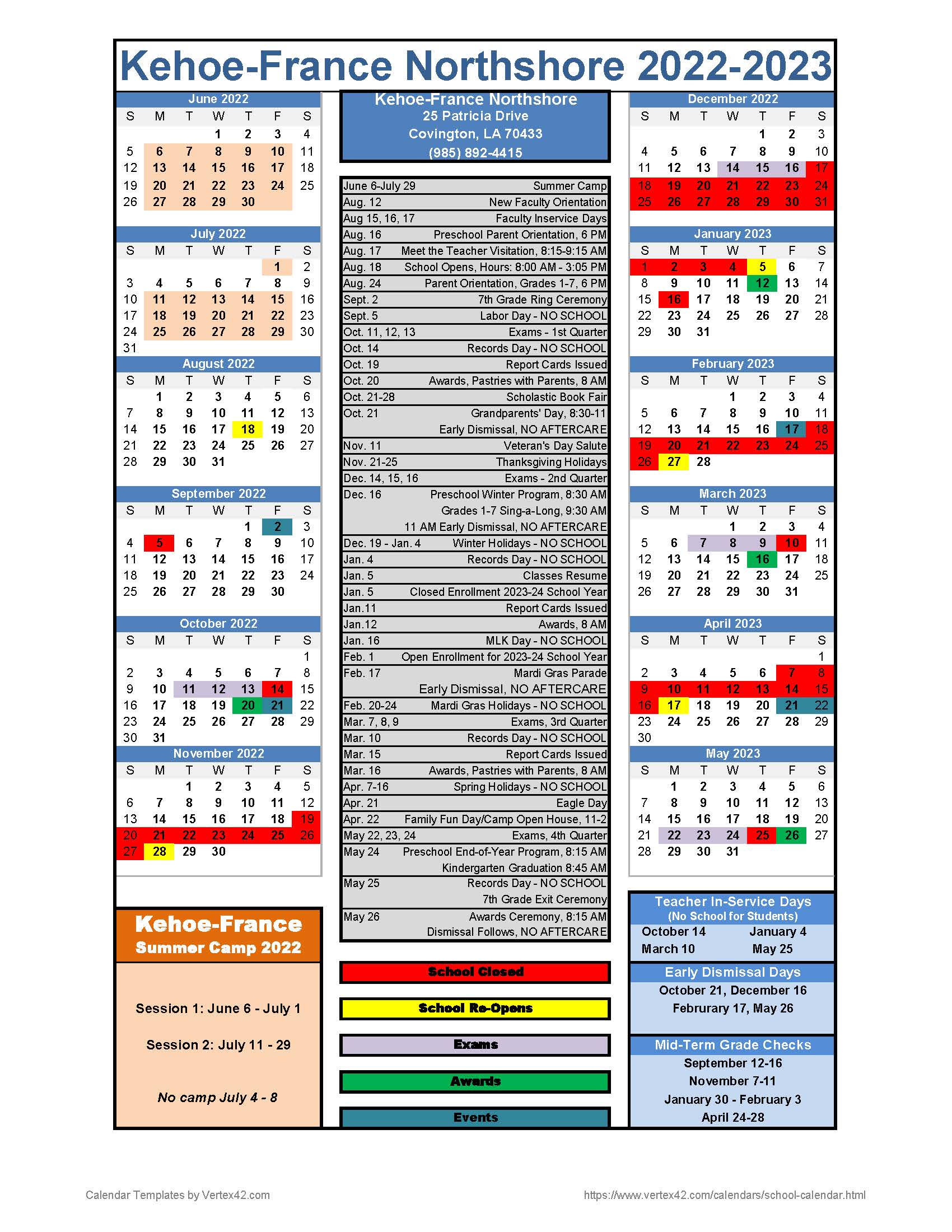 Lsu Academic Calendar Spring 2023 2022-2023 Yearly Calendar - Kehoe-France School Northshore