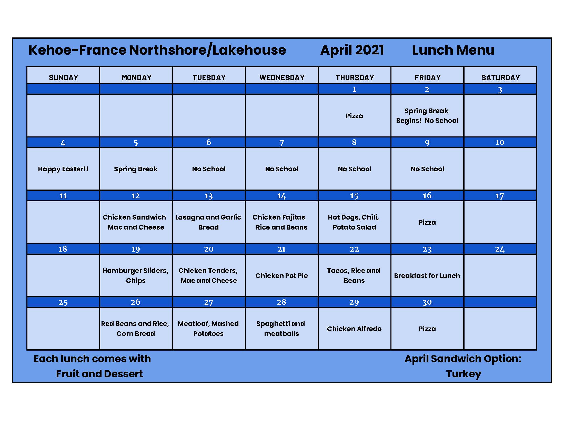 Menu KehoeFrance School Northshore